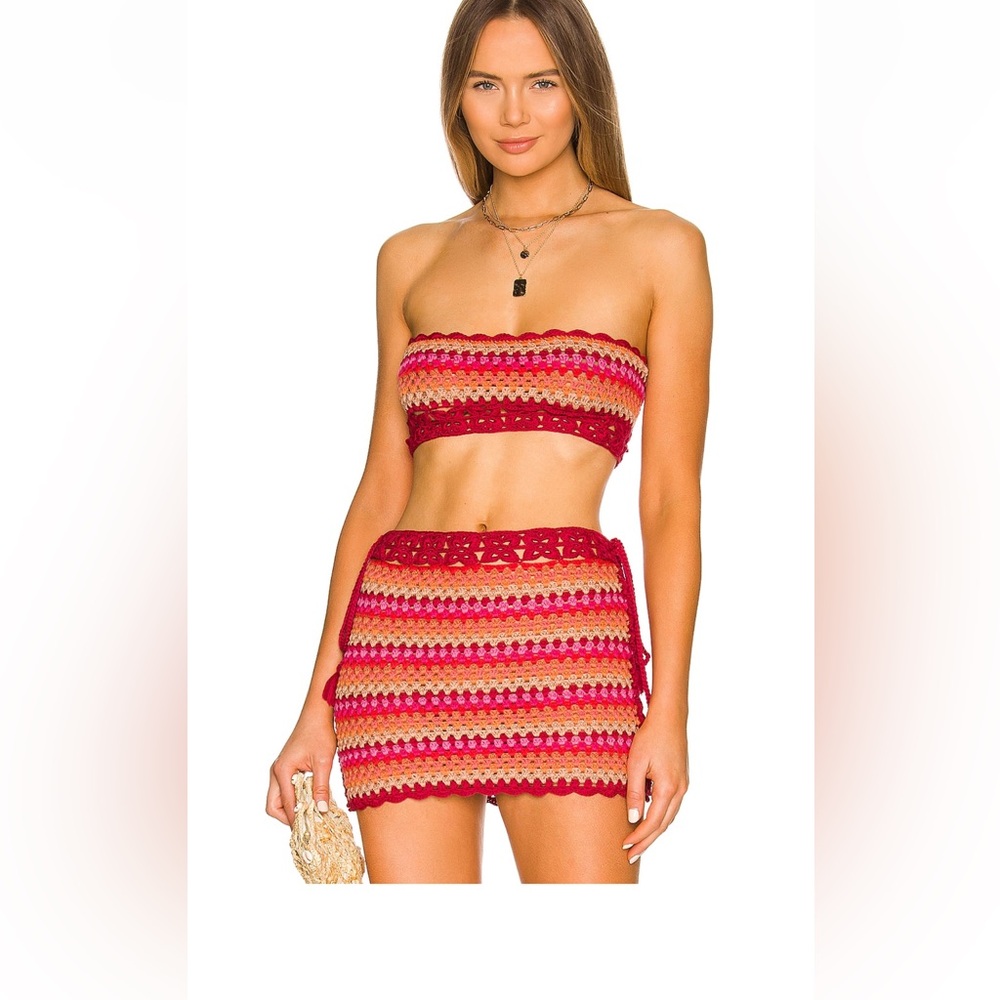 Lovers + Friends Over the Rainbow Crop Crochet Skirt Set Raspberry Multi Small